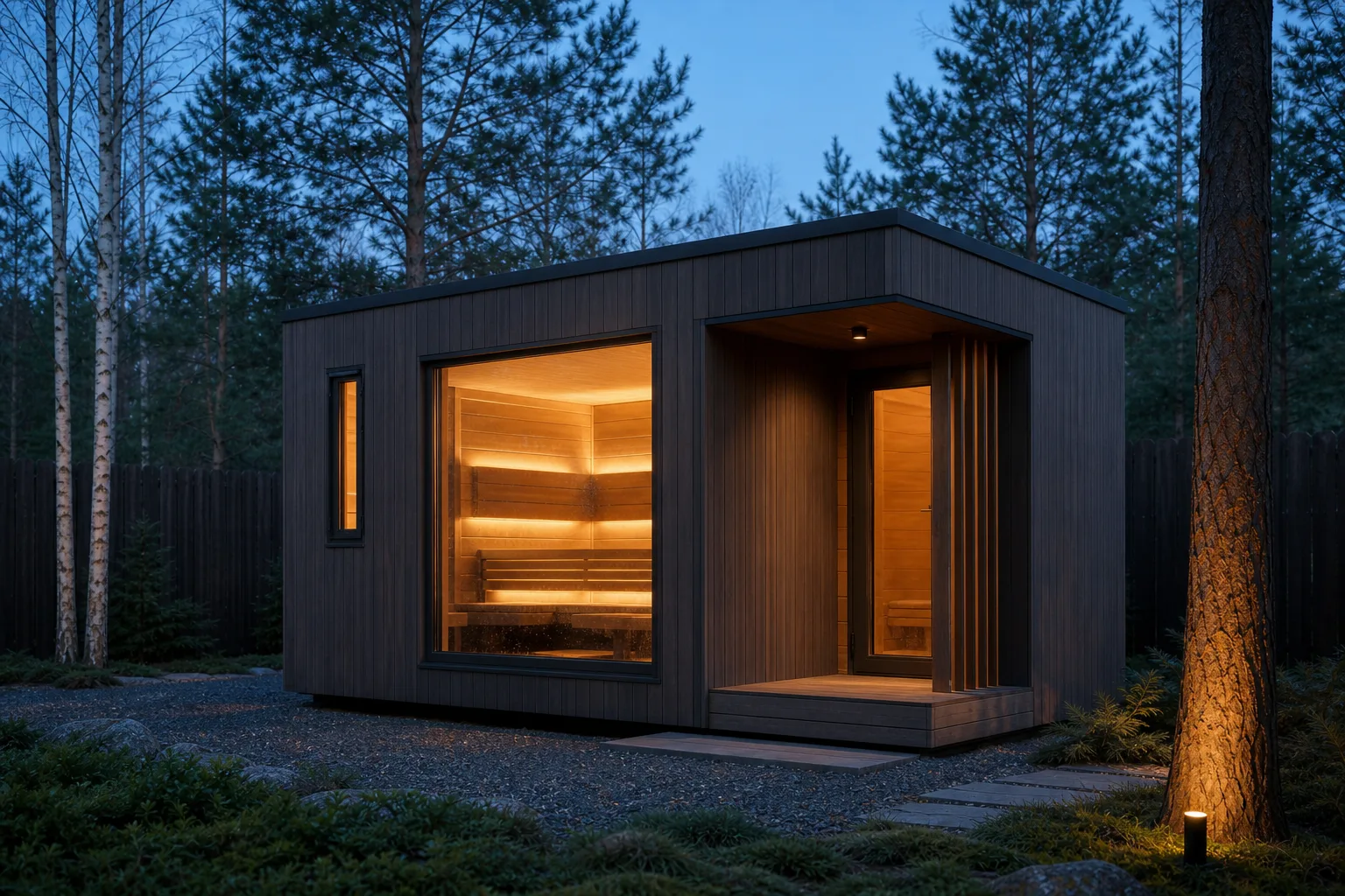 Второй концептуальный ракурс компактной современной каркасной бани SAUNA 28