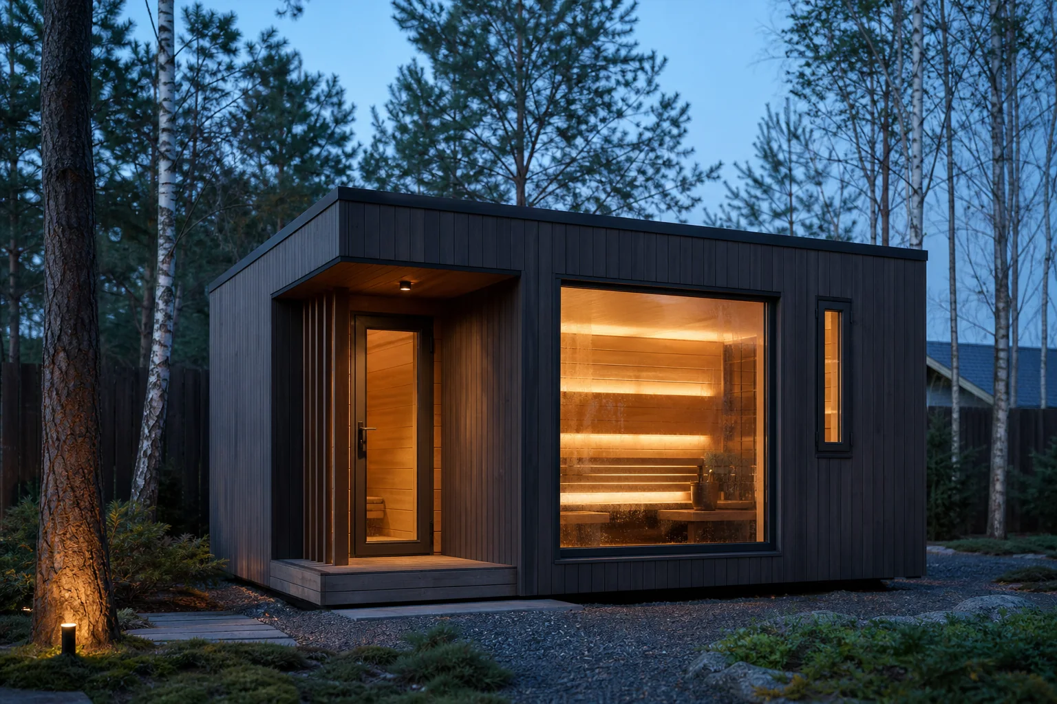 Концептуальная визуализация компактной современной каркасной бани SAUNA 28