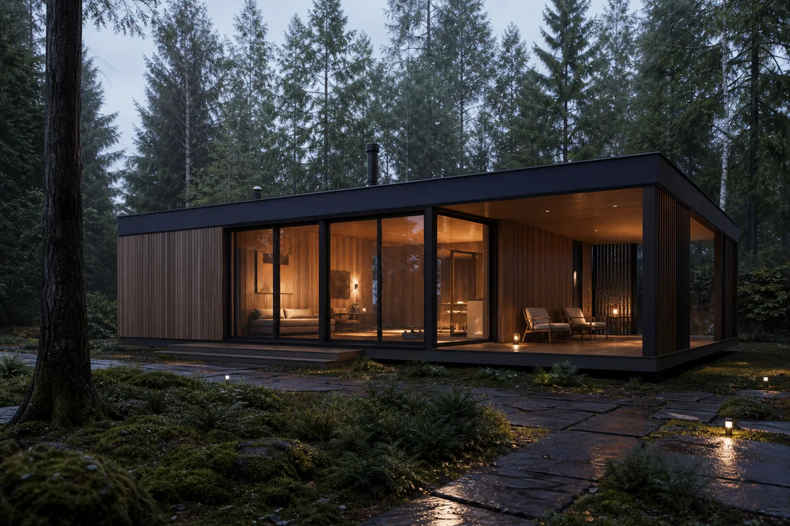 Концептуальная визуализация современной каркасной бани SAUNA 40